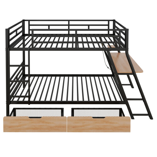 Full Size Metal Bunk Bed Frames with Built-in Desk LED Light and Storage Drawers