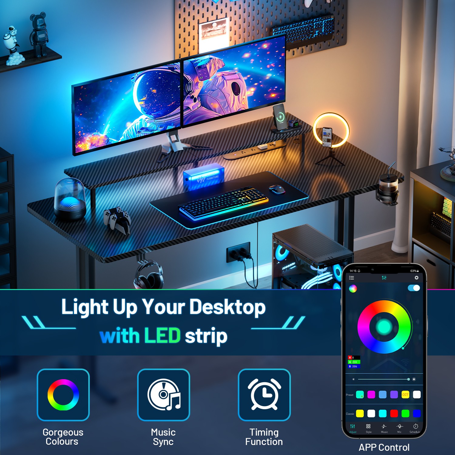 47” Gaming Desk with LED Light & Power Outlets, Gamer Table with Monitor Stand