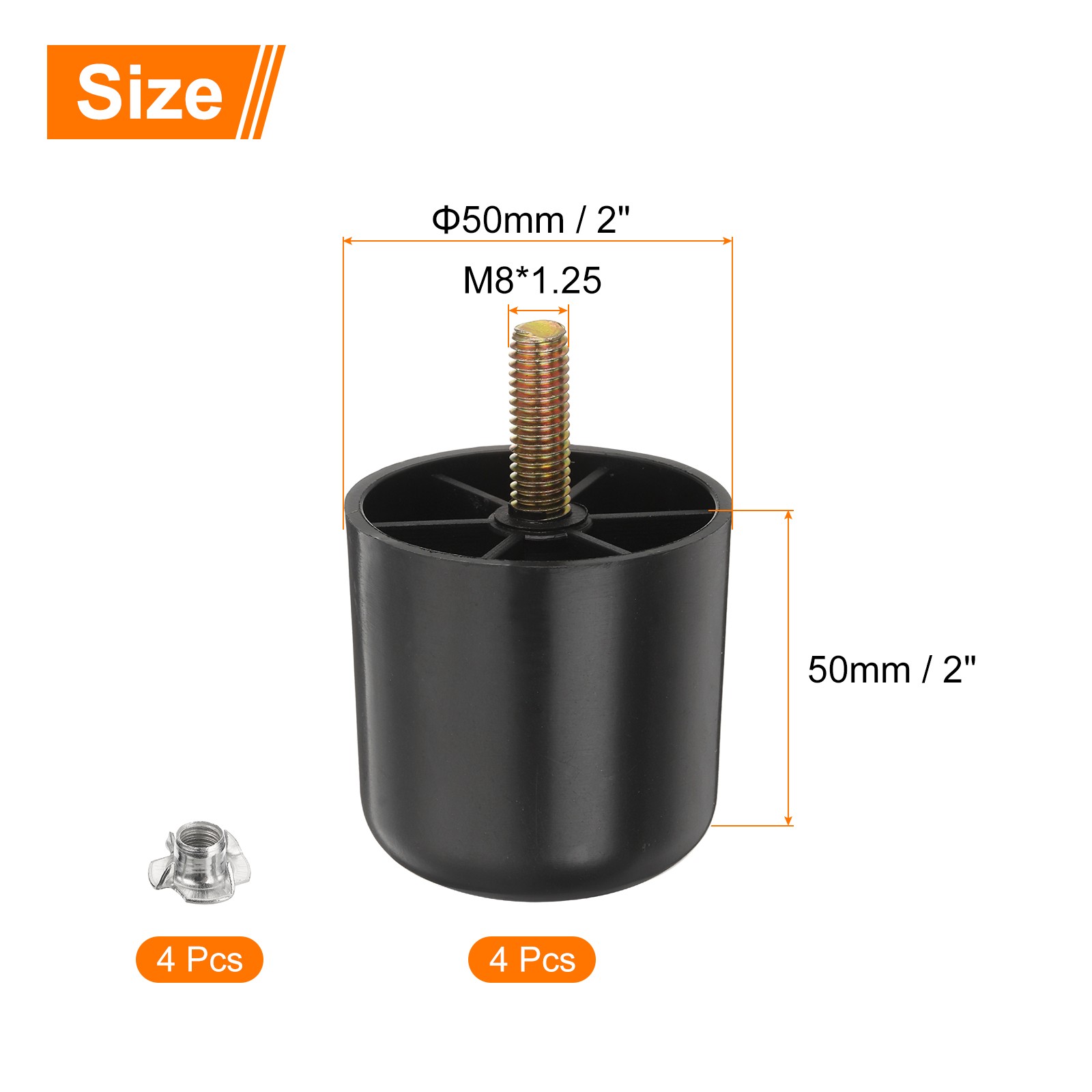 4 Set 2 Inch Plastic Round Tapered Furniture Legs with M8 Hanger Bolts