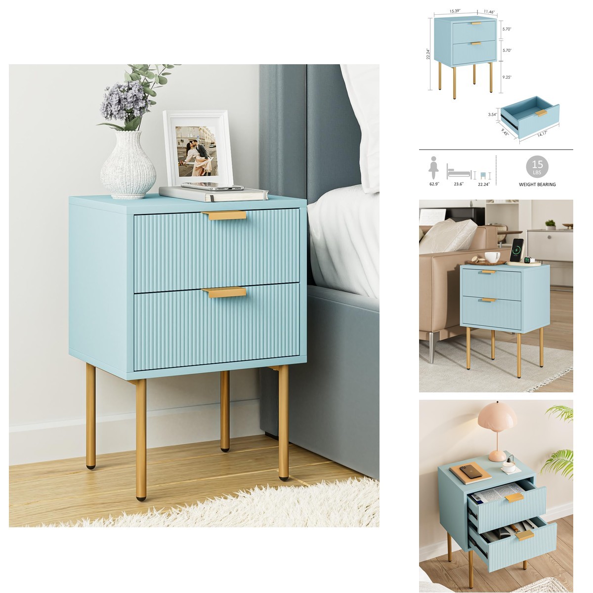 AEPOALUA Nightstand Gold Frame with 2 Drawers Shelf Blue