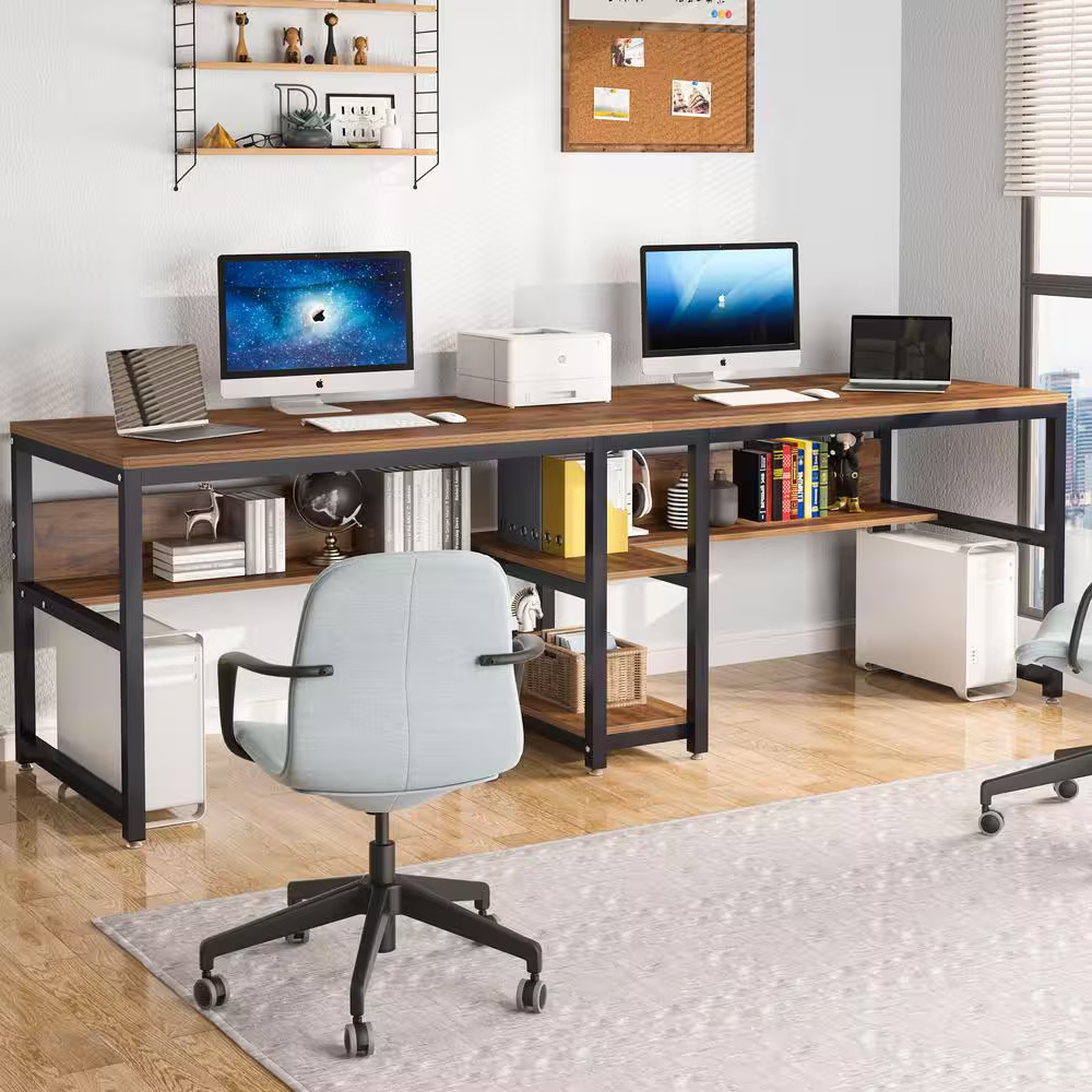 Moronia 78.74 In. Rectangular Brown and Black Wood and Metal Computer Desk 2-Per