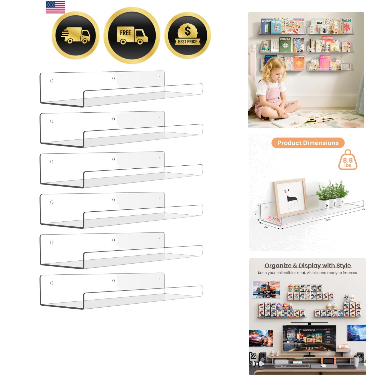6 Pack Acrylic Shelves for Wall Storage, 15″ x 4“ Floating Bookshelves for Ki…
