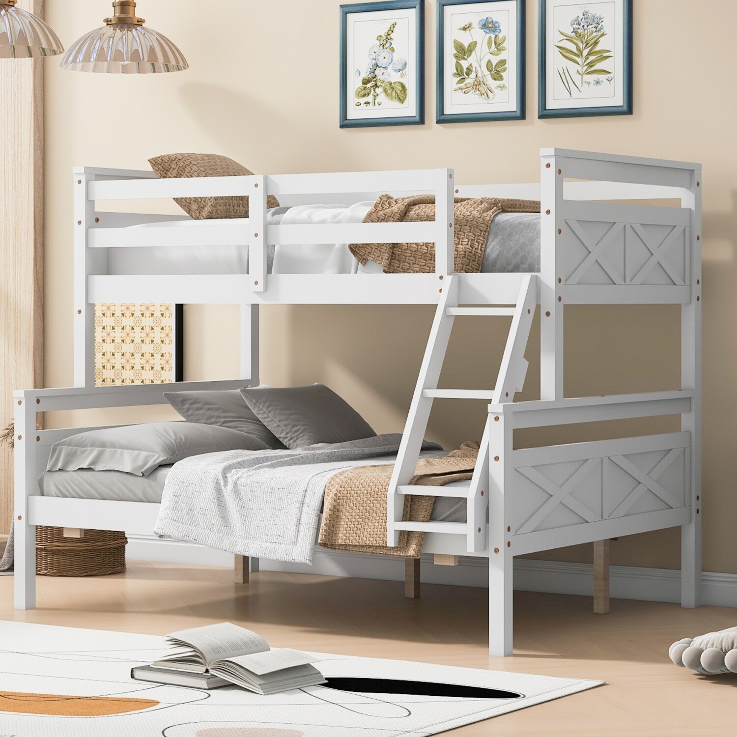 Modern Twin Over Full Bunk Bed Wood Bed Frame with Ladder White/Gray
