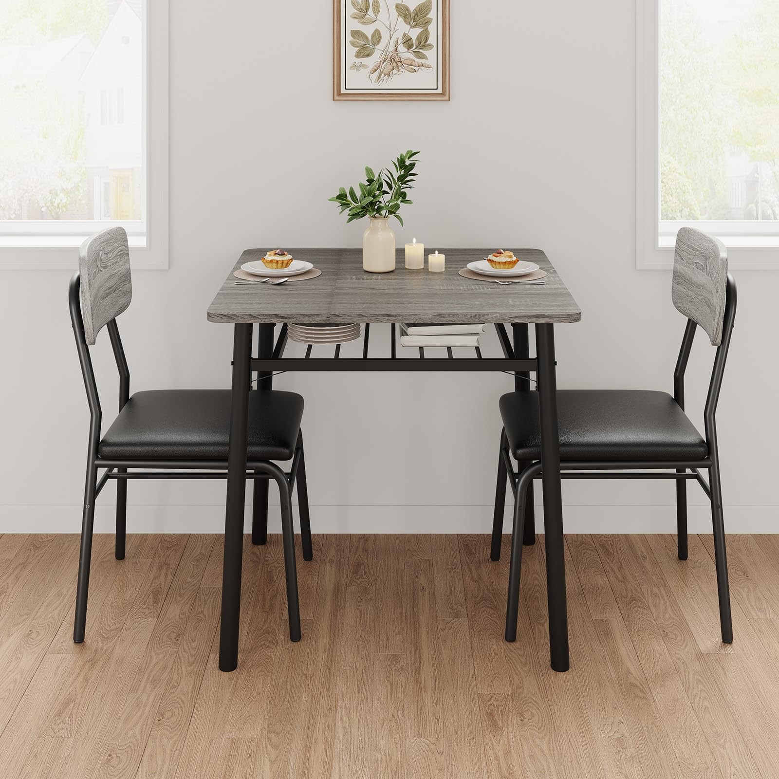 Dining Set for 2 Wood Top Table and 2 Upholstered Chairs for Small Space Kitchen