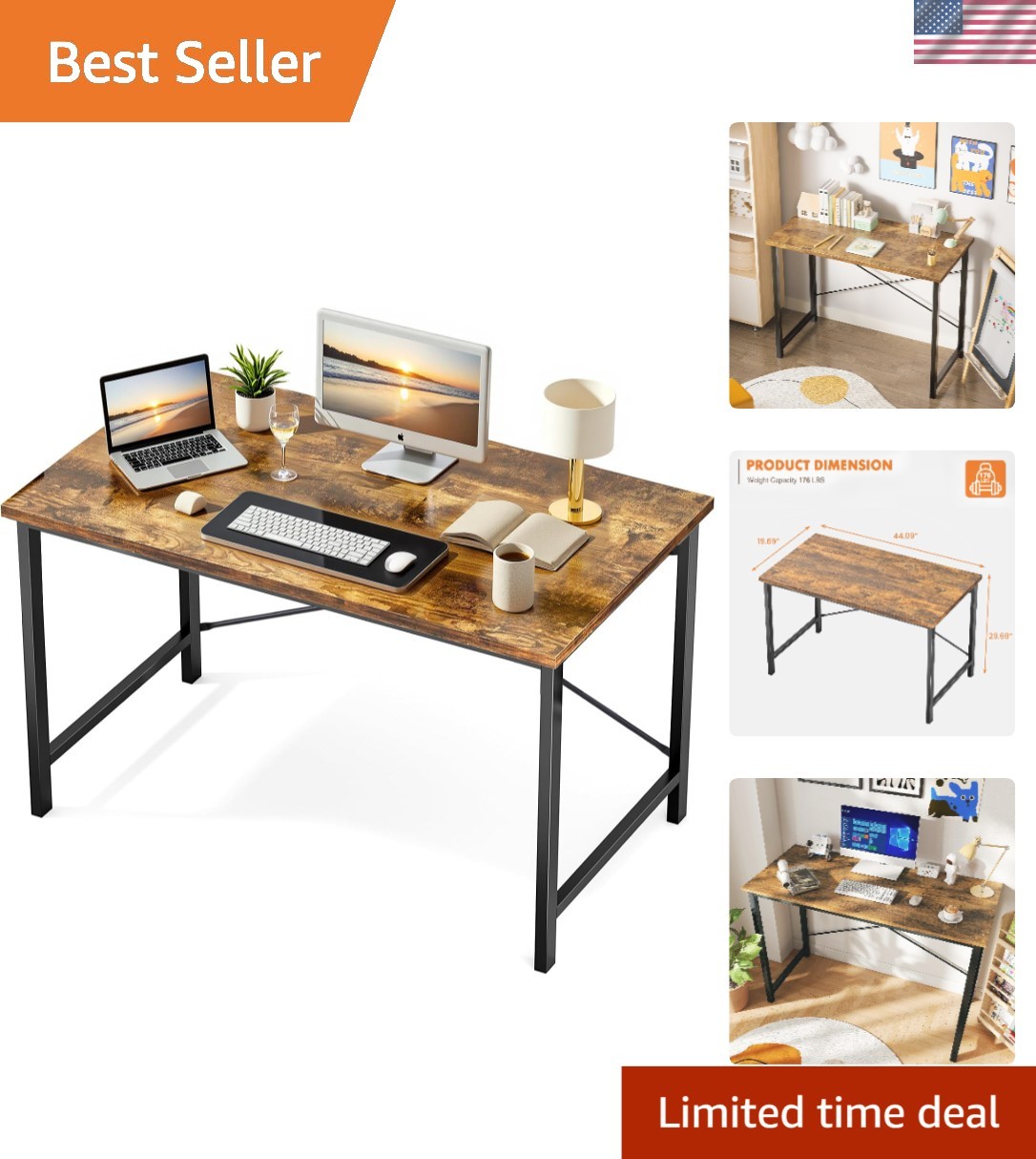 Stylish 44-Inch Compact Computer Desk with Sturdy Metal Frame in Rustic Brown
