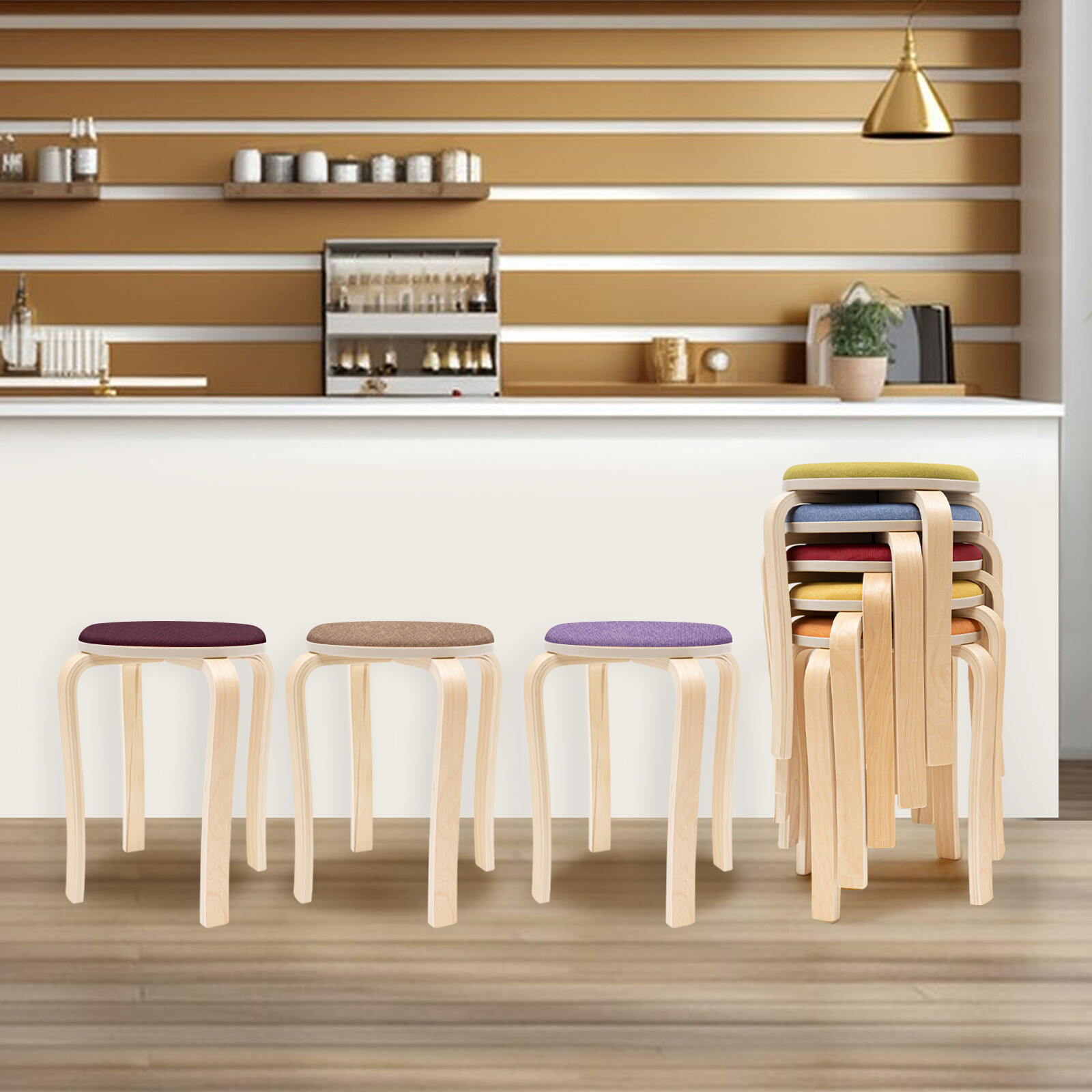 Set of 8 Colorful Round Stools Modern Stackable Wood Stool 16.3*12.2*16.93in