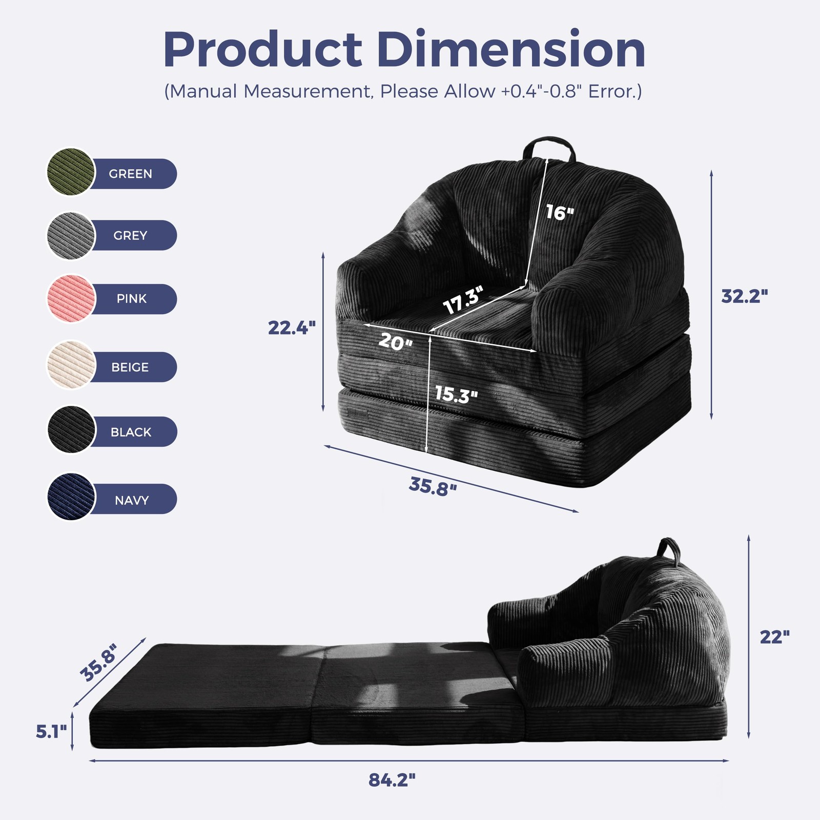 MAXYOYO Folding Sofa Bed with Backrest, Boneless Fold Out Couch Large, Black