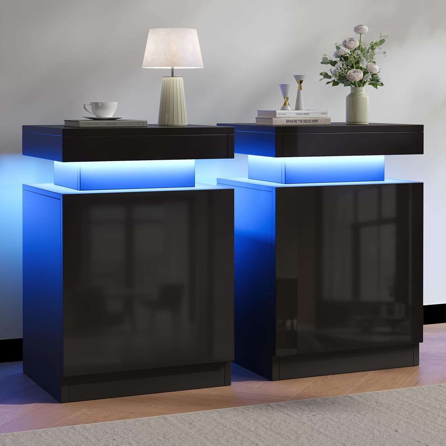 Nightstands Set 2, 15 Inches LED Night Stand Set of 2, Modern Bedside Table with