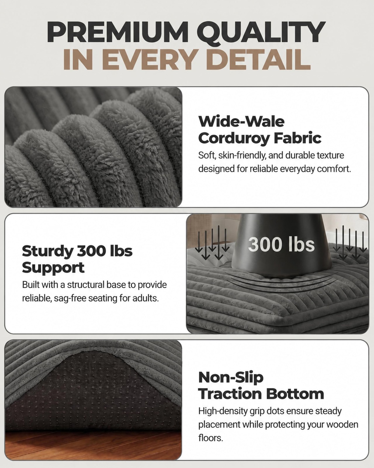 Fabulcozy 23.6in Pouf Ottoman, Corduroy 23.6″D x 23.6″W x 16.5″H, Dark Grey