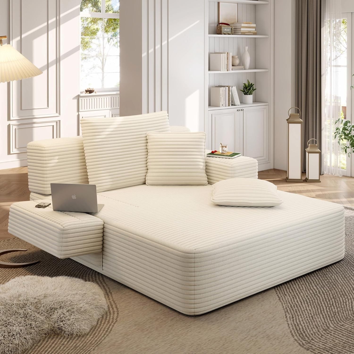 2-in-1 Corduroy Lounge Chair Sofa Bed with Side Pocket & Side Table No Assembly