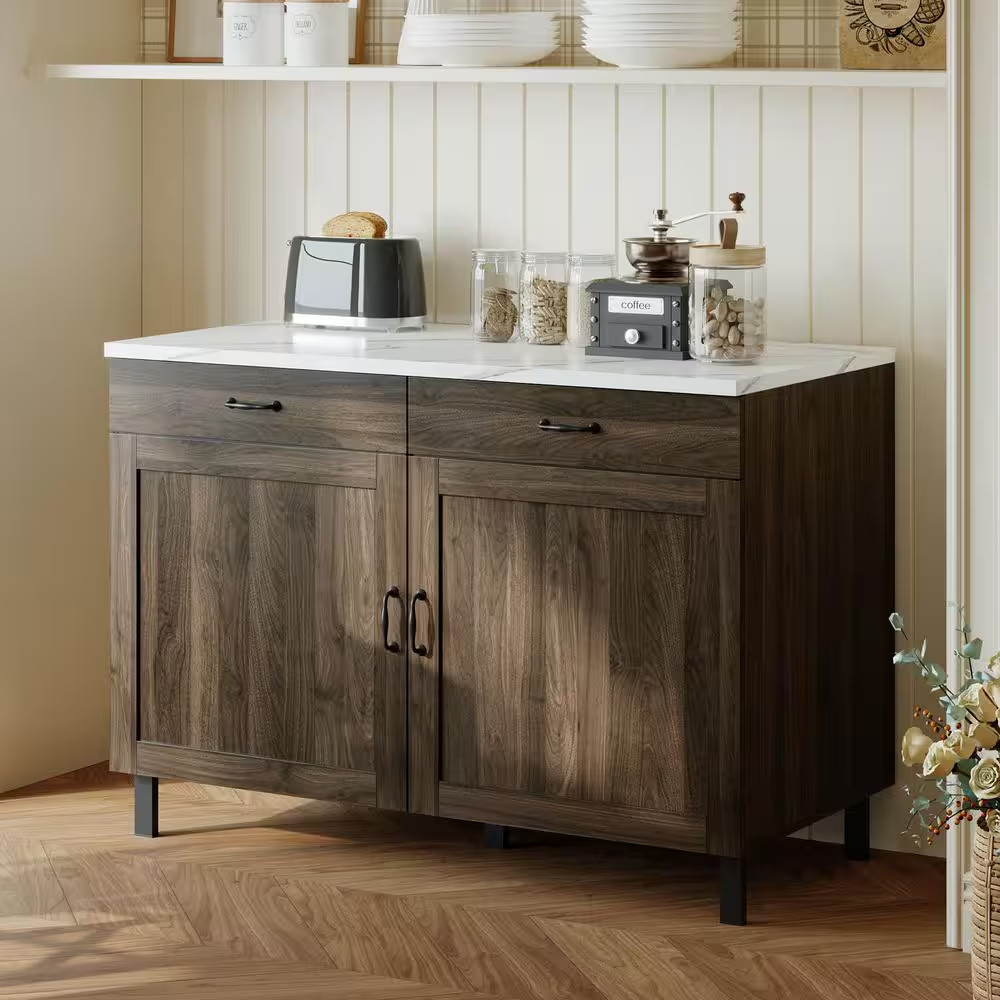 Burly Wood and White 47.2 In. Height Wooden Wine Cabinet, Sideboard, Food Pantry