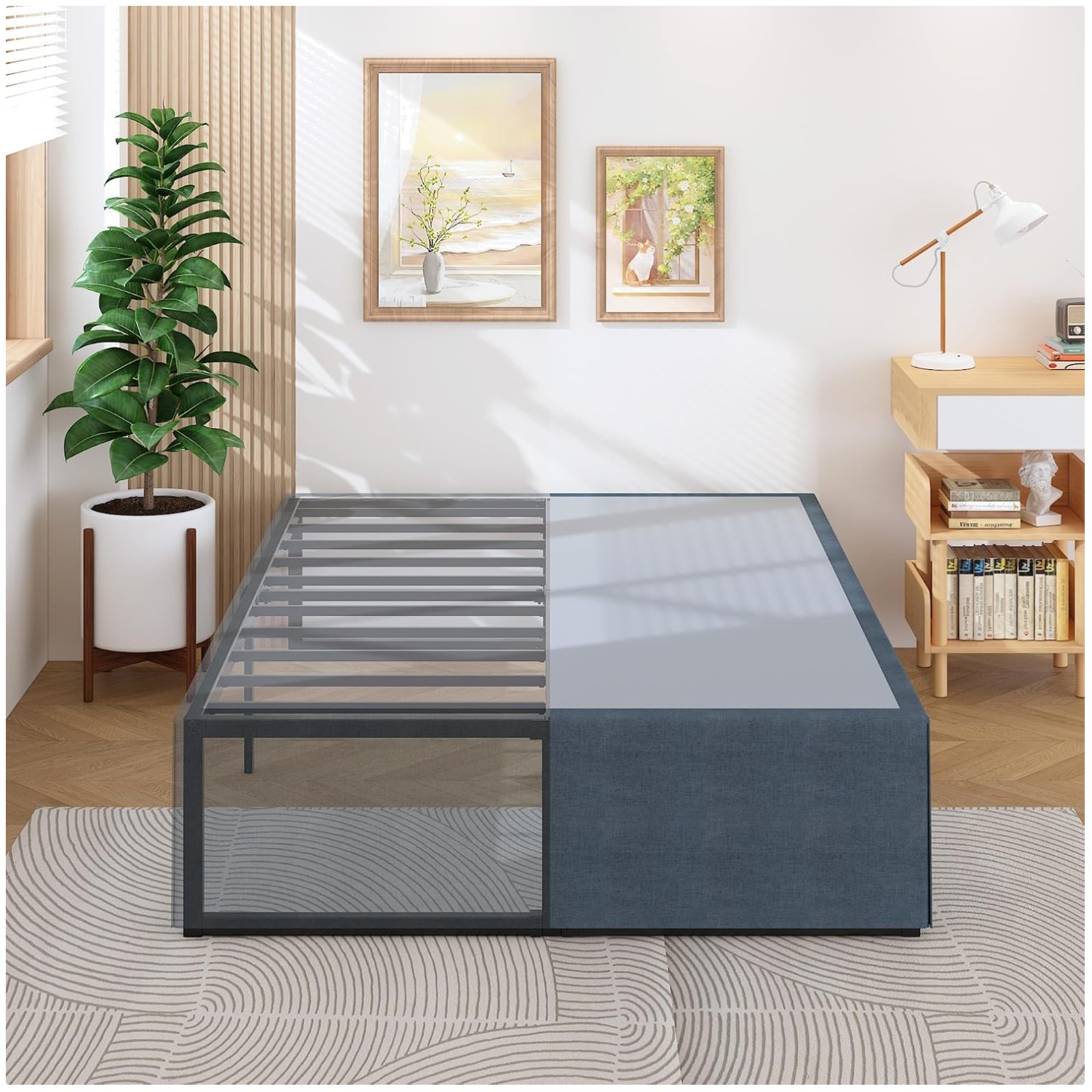 18″ King Bed Frame w/ Storage, No Box Spring, Black & Blue