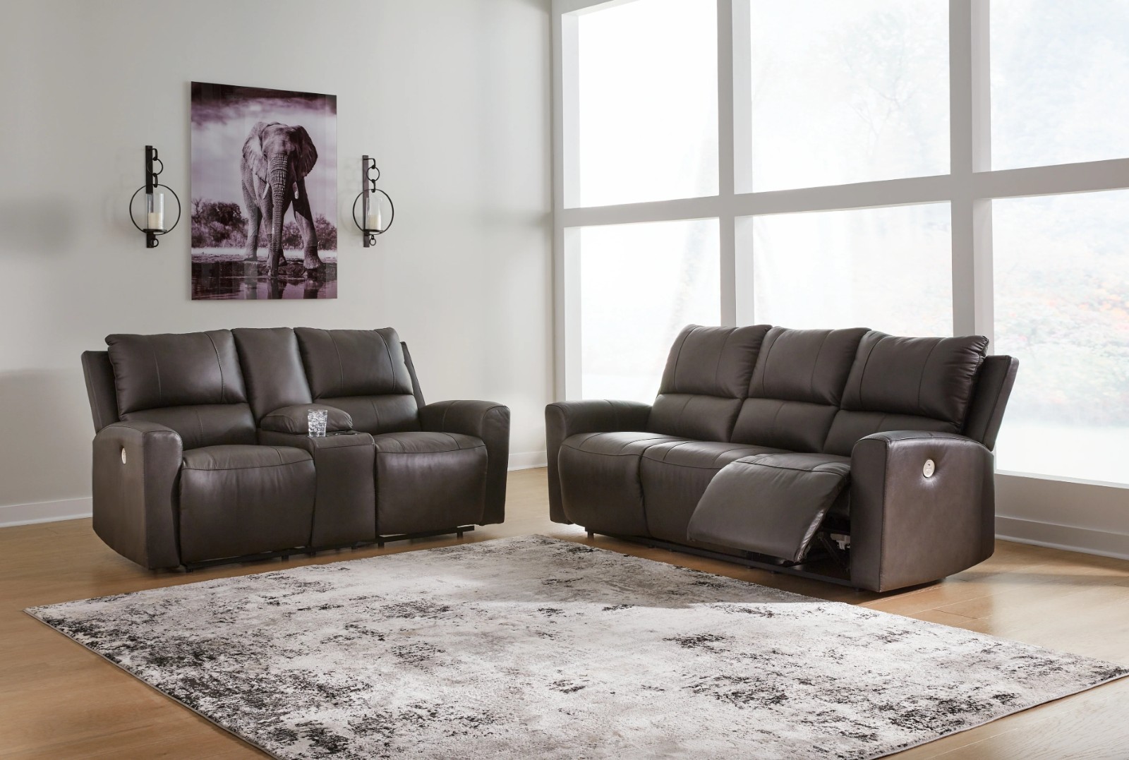 GENUINE Top-Grain Leather Power Recliner 2PC Sofa Living Set Brown Traditional