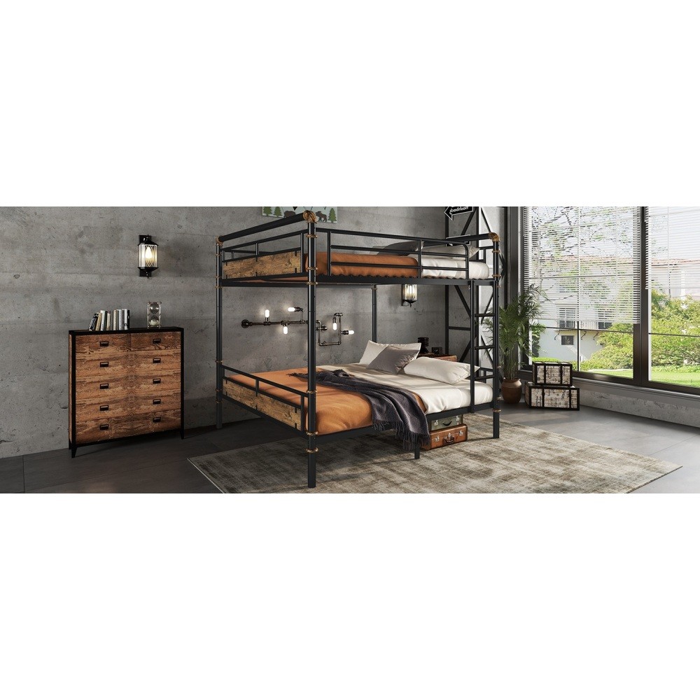 Industrial Queen Over Queen Metal Bunk Bed Detachable Frame Safety Guardrails