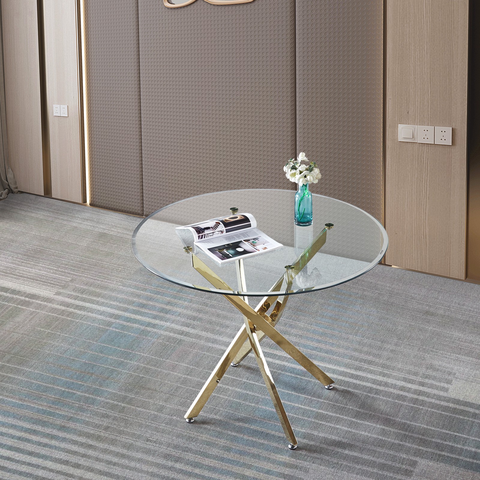 Round Clear Tempered Glass Dining Table 36″ Dia Gold Steel Legs