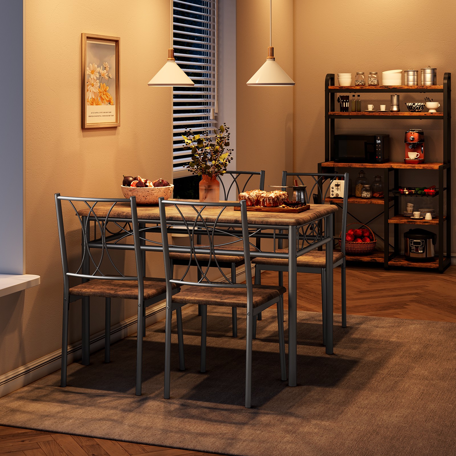 Dining Table Set for 4, Industrial 5-Piece Wood & Metal Kitchen Table and Chairs