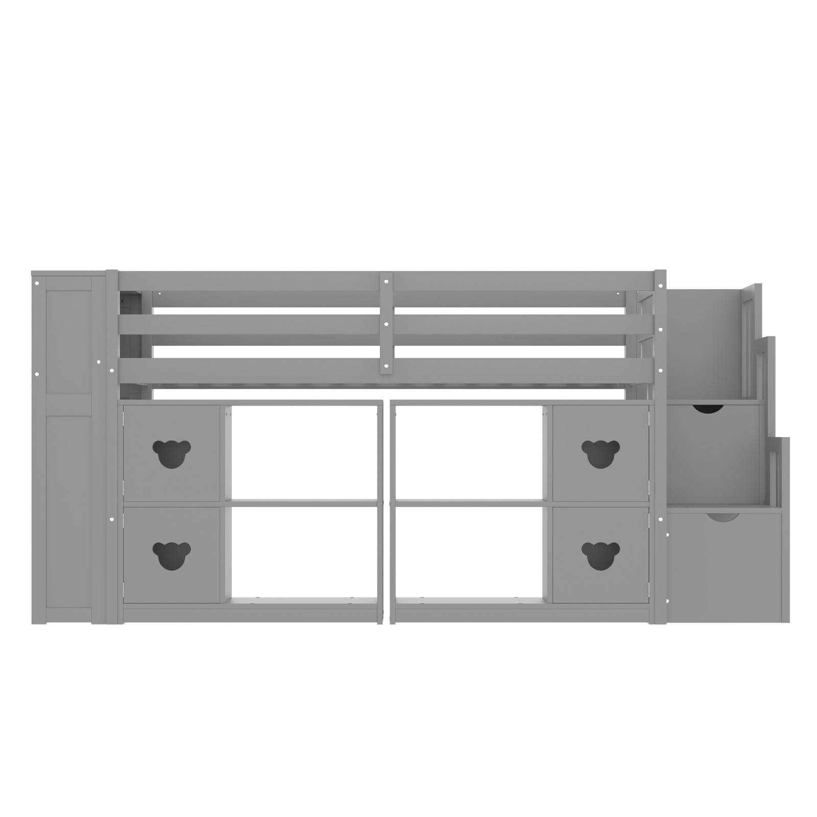 Twin Size Low Loft Bed With Shelves,Storage to Headboard and Stair, Grey