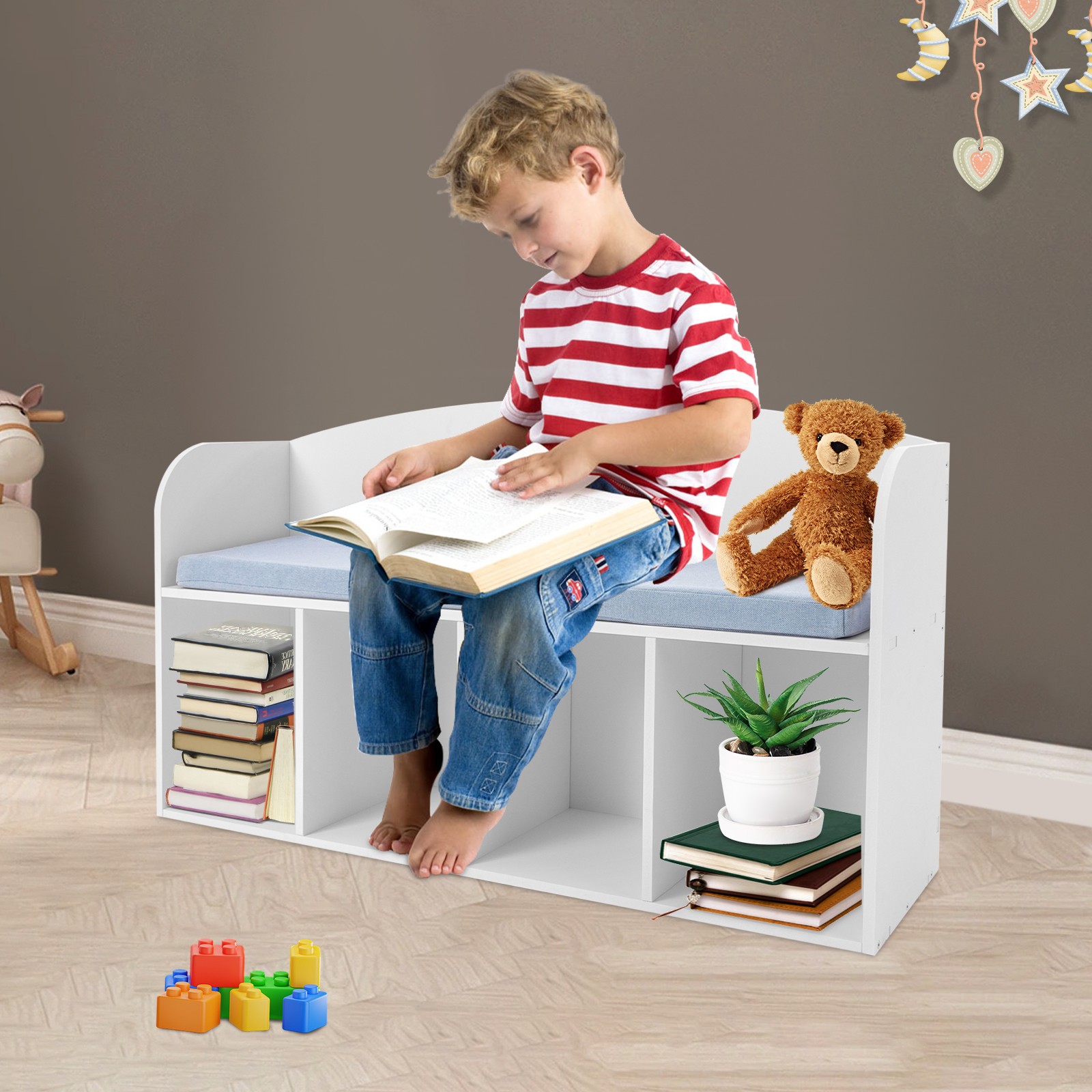  40.16*11.42*23.03in PVC& Cloth& Sponge White Storage Bookshelf W/ Soft Cushion