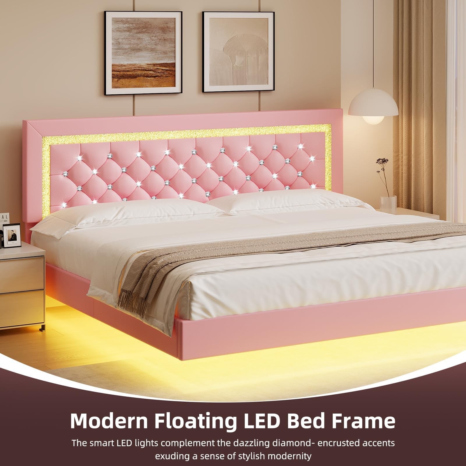 Floating King Bed Frame with LED Lights Upholstered Diamond Headboard Pink
