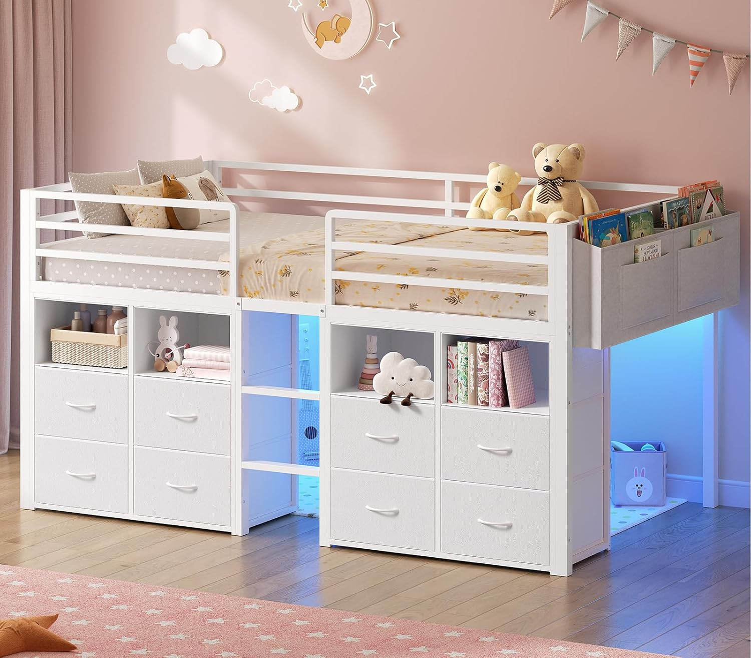 ADORNEVE Low Loft Bed Twin Size with 8 Storage Drawers, Twin Loft Bed with Bookc