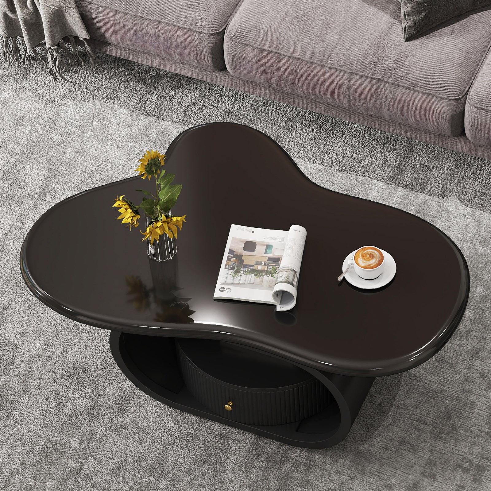 Black Modern 39″ Irregular Cloud Coffee Table Center Table w/Drawer Home Office