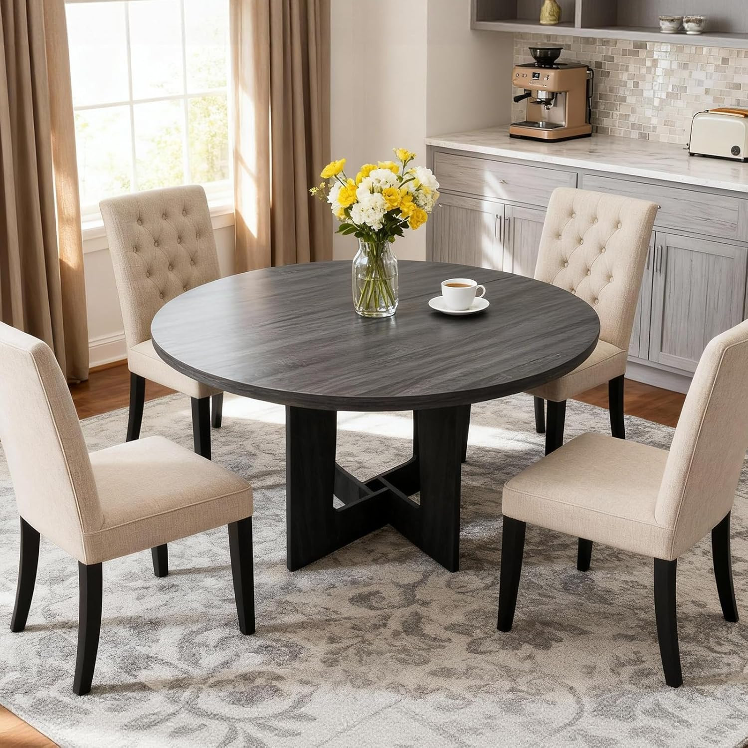Compact Round Dining Table for 4 – Black Wood Pedestal Base for Small Spaces