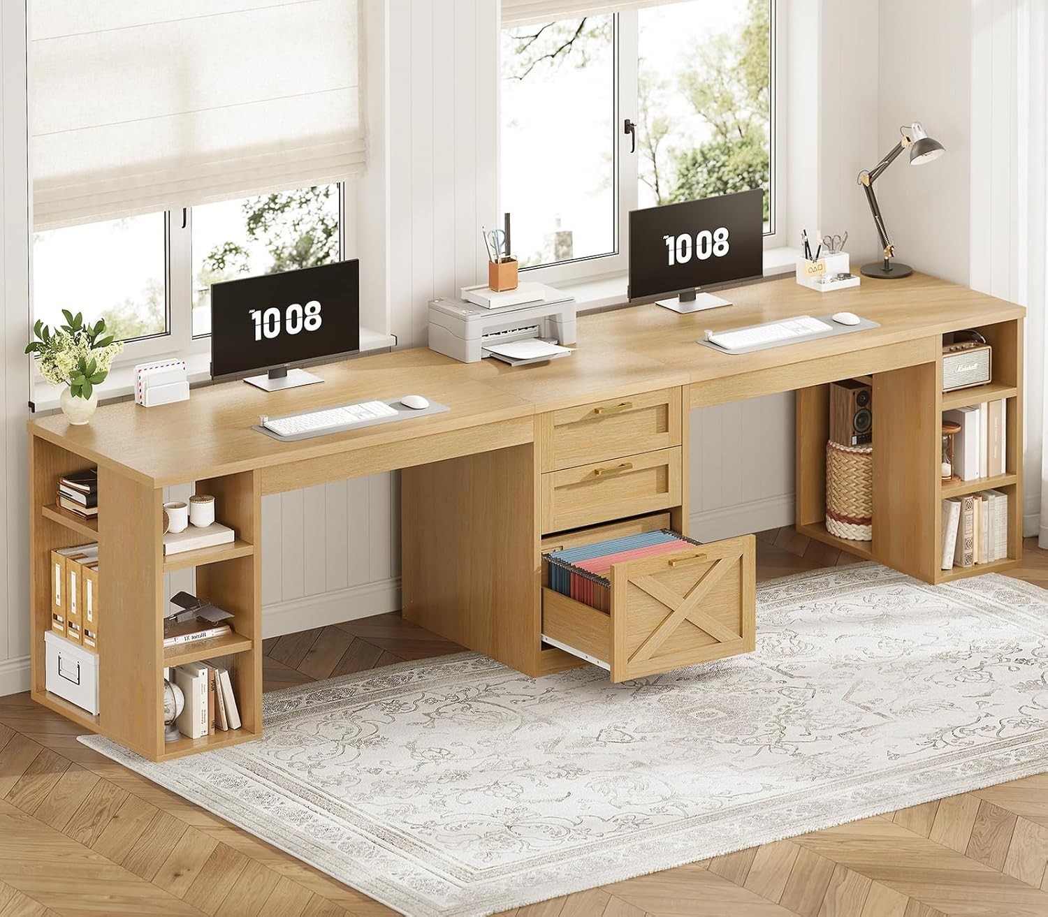 Farmhouse 96.5″ Computer Desk with 3 Drawers, Long Two Person Writing Desk (Oak)