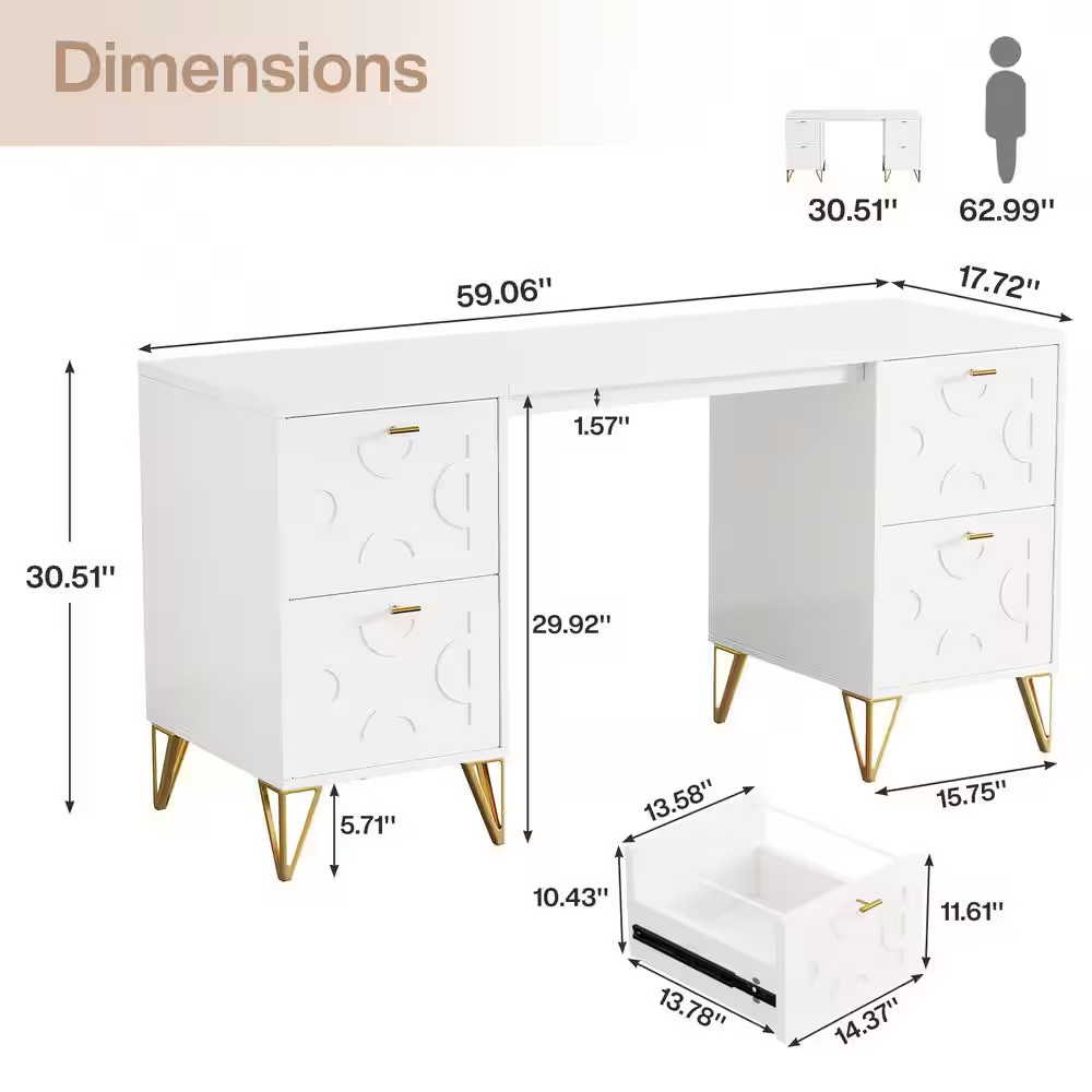 Moronia 59 In. Rectangle White Computer Desk Wood Computer Desk with Drawers, St