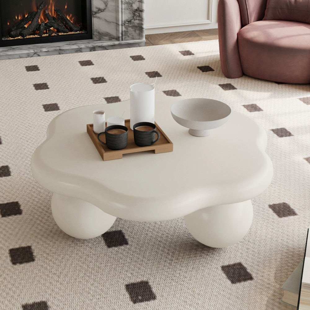 35″ Cloud Coffee Table Cream White Modern Minimalist Kid Pet Safe Small Spaces