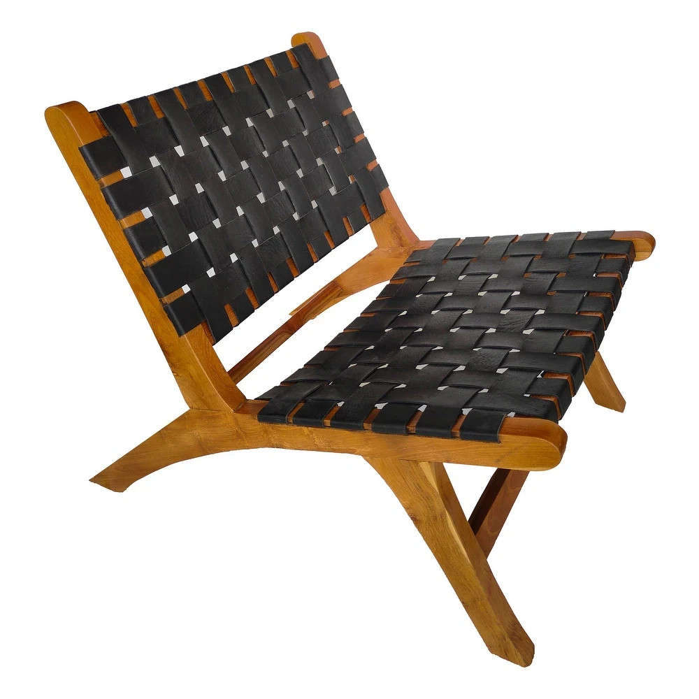 SET OF 2 Accent Chairs Teak Wood Leather Woven MCM Brand New