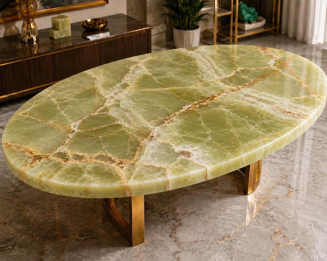 Green Onyx Coffee Table | Luxury Oval Stone Center Table