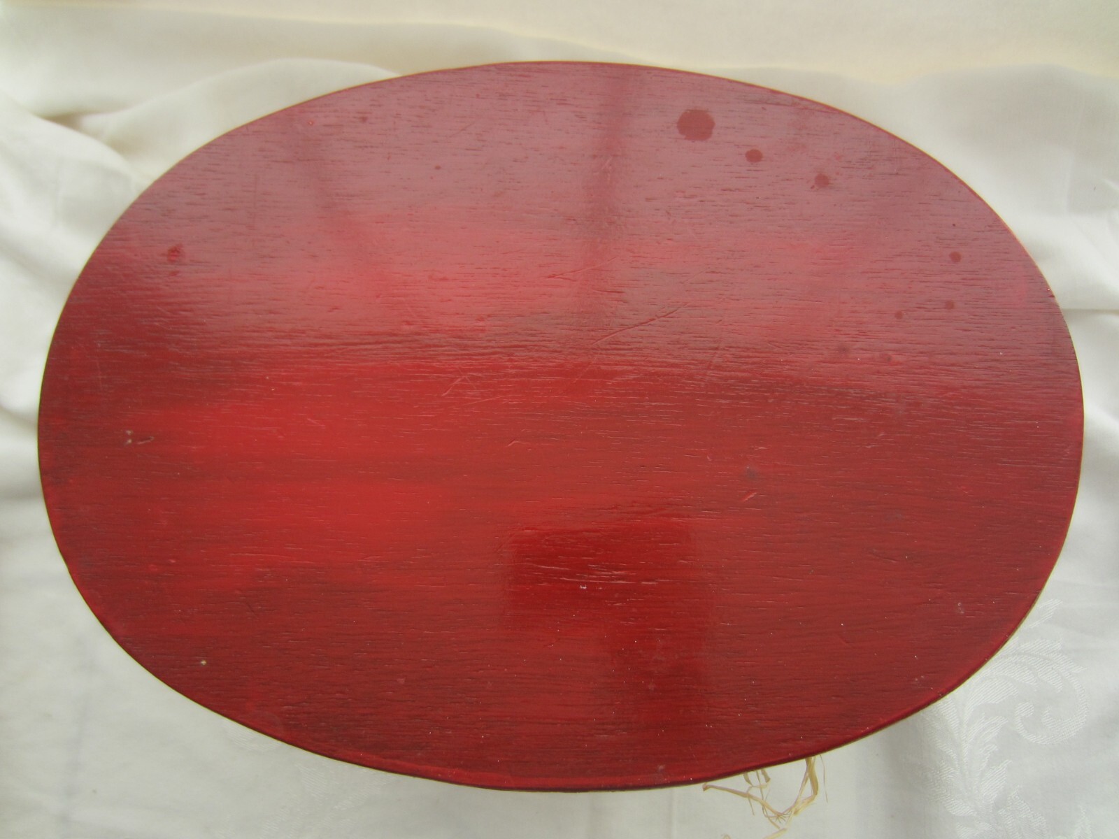 Wooden Red Painted Stool Oval Seat Country Wood Frame Display Stand Spindle Legs
