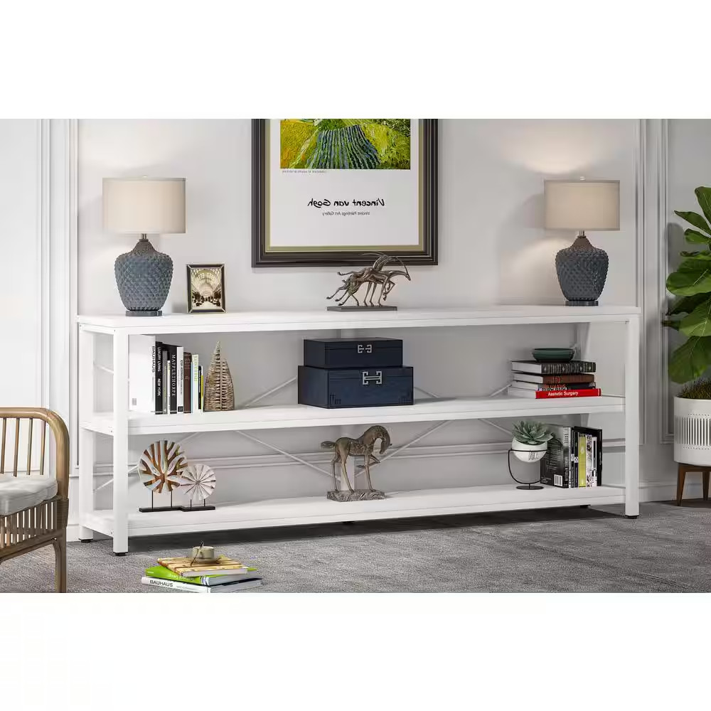 Eileen 70.9 In. Rectangle White Metal White Particle Board Wood Top Sofa Table w