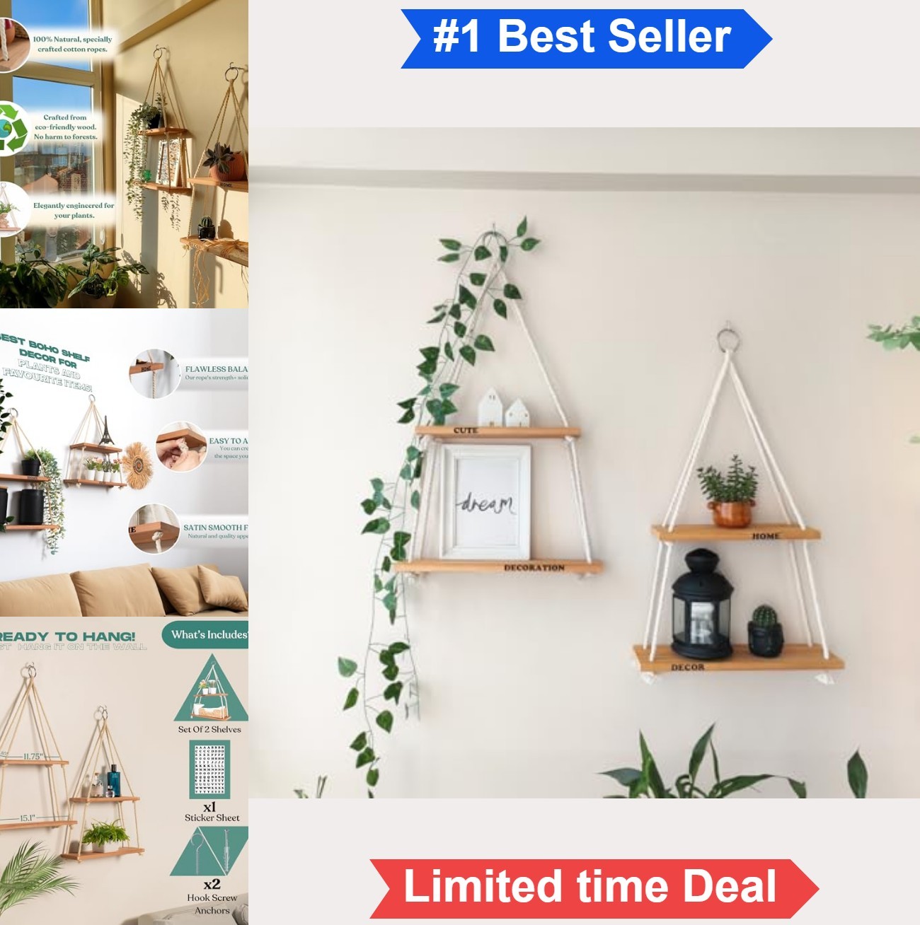 Hanging Wall Shelves 2 Tier Set Boho Rope Shelf Macrame Decor for Plants Books