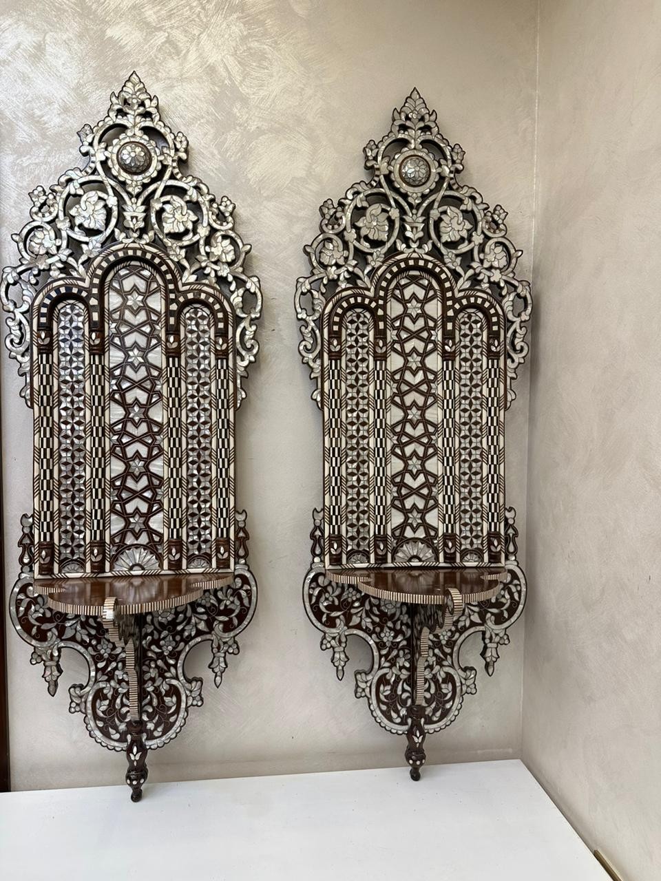 60” Pair Rare Ottoman Syrian Kavukluk Wall Bracket Shelf Mother of Pearl Inlay
