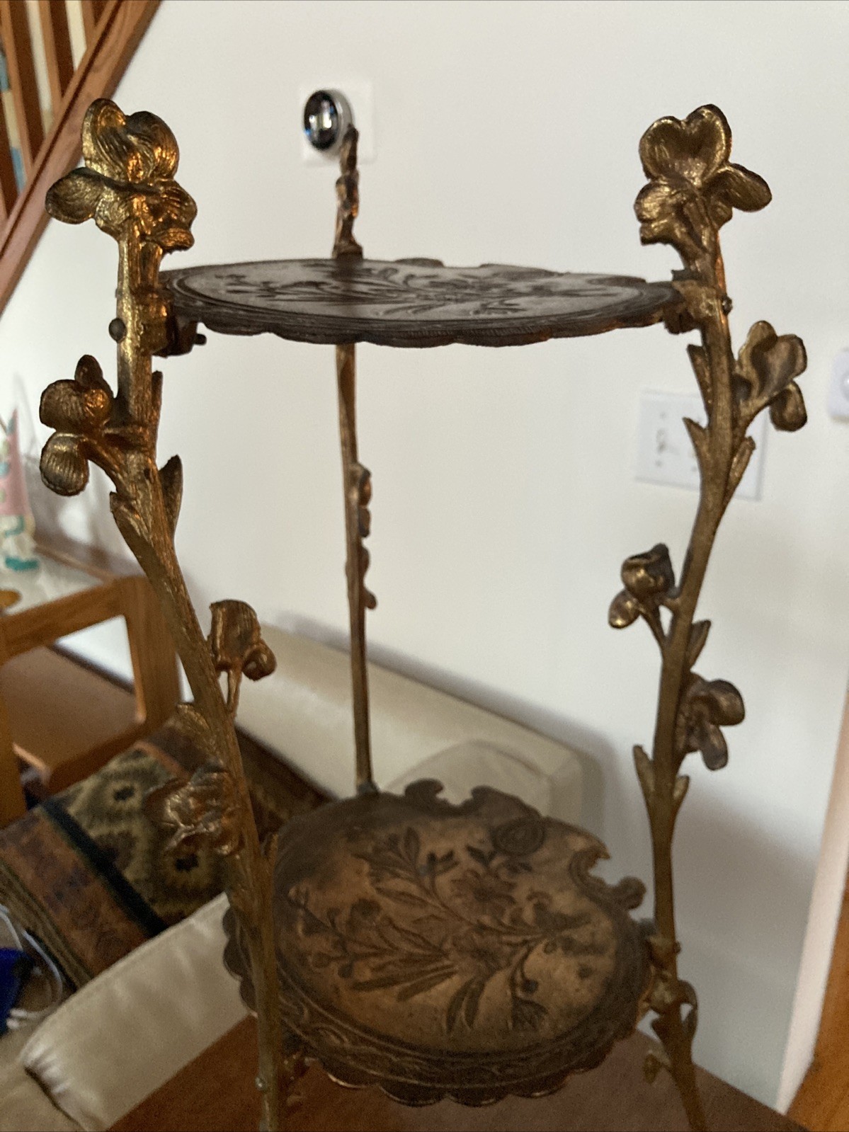 Art Nouveau Two Tier Brass Floral Side Table Plant Stand