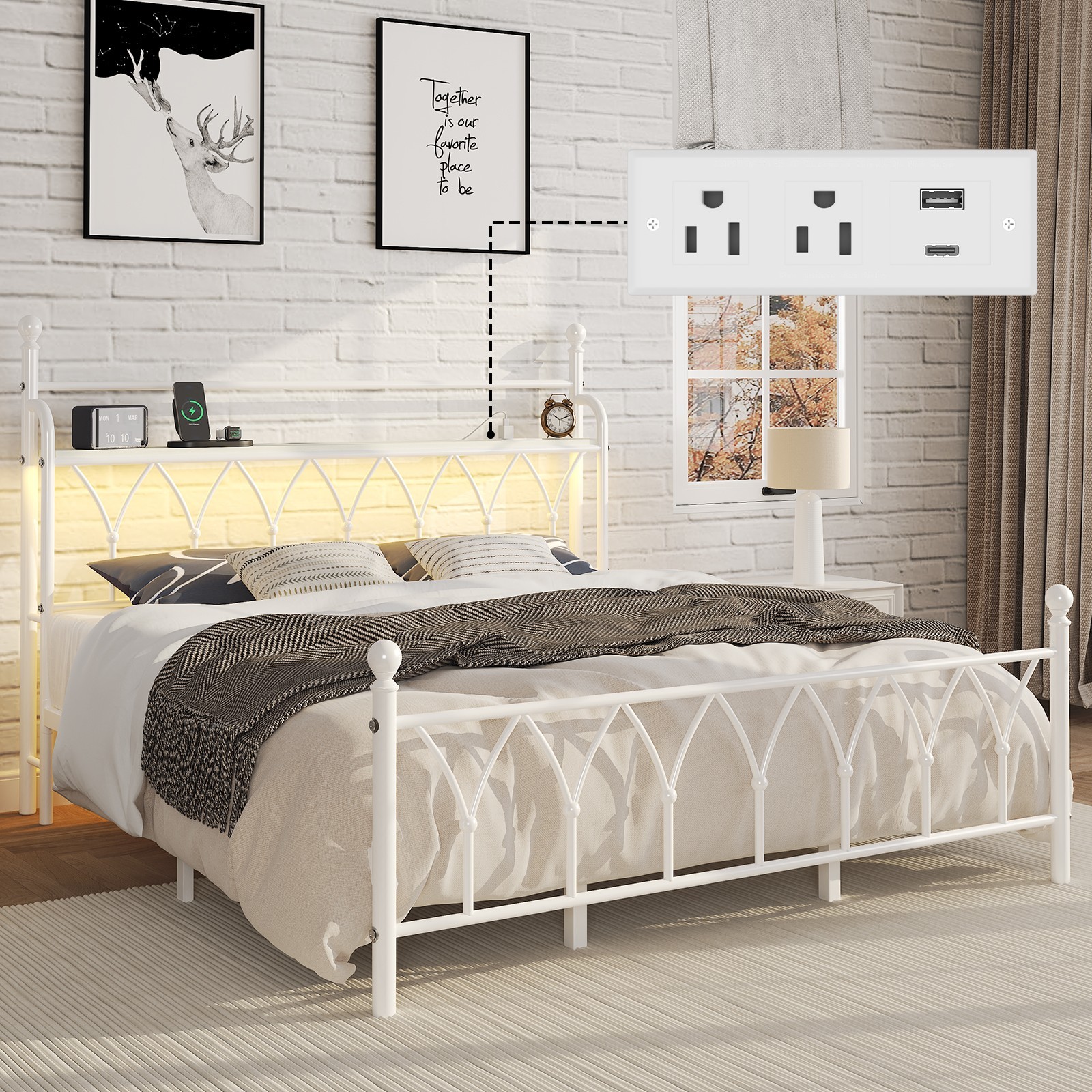 Queen Metal Bed Frame with Charging Station, Headboard storage space,LED Lights.