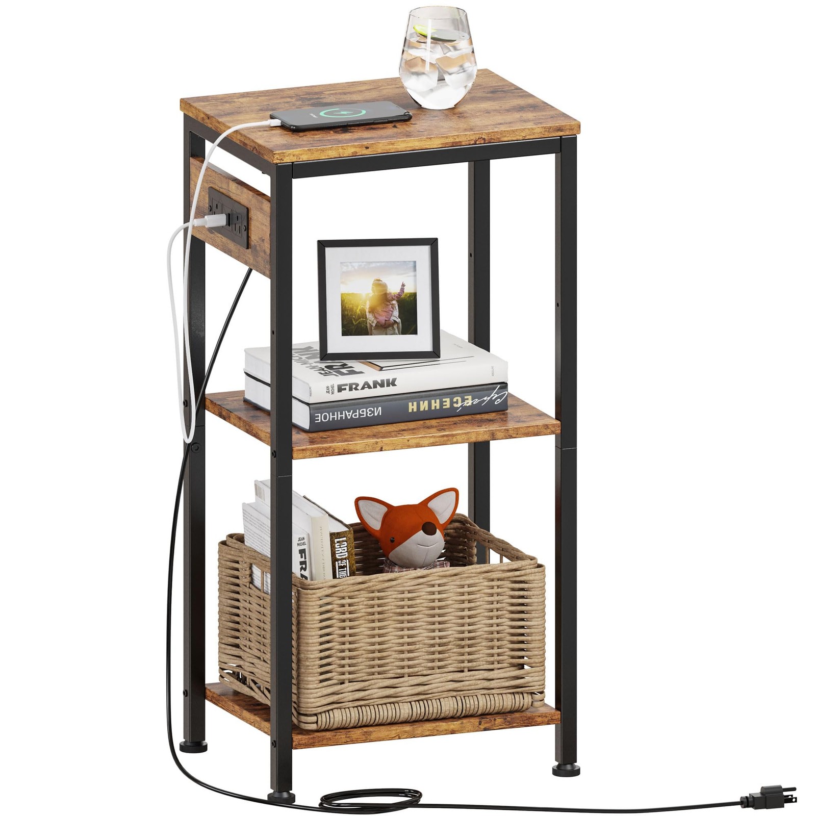 Side Table with Charging Station, Nightstand with USB Ports and Outlets, Tall…