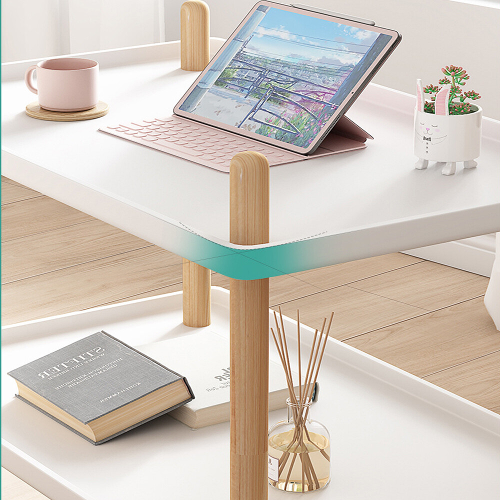 2 Layer End Table Trolley Side Table Nightstand w/4 Shelves & Wheels for Kitchen