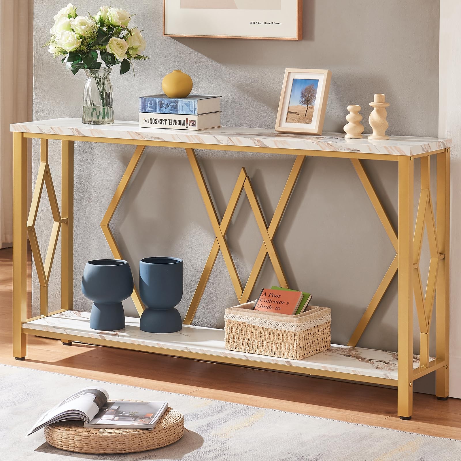 55 Inch Modern Entryway Console Table, White & Gold Faux Marble Top Engineere…
