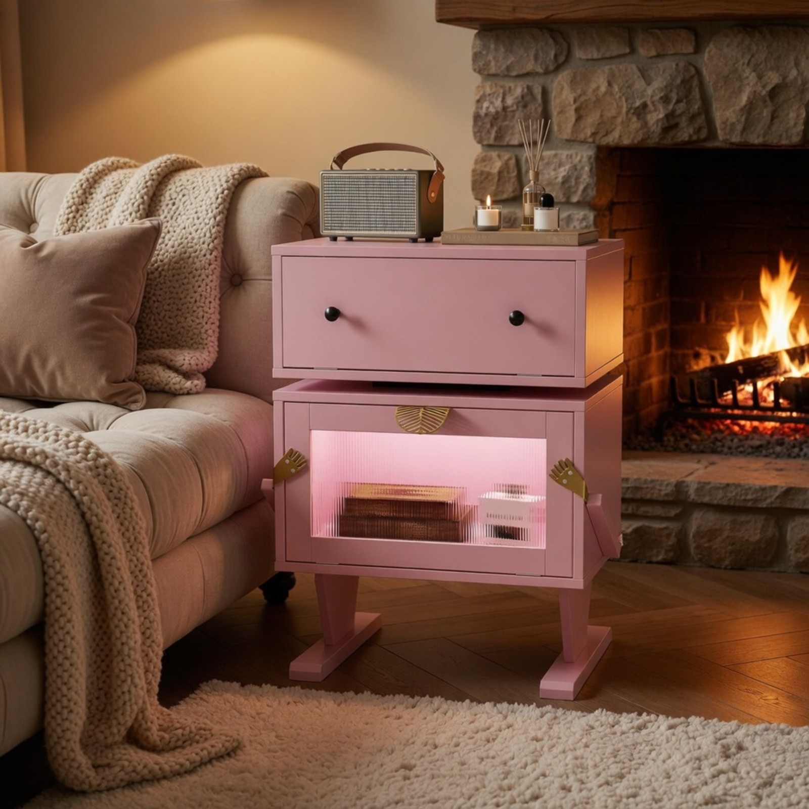 Pink Robot LED Nightstand with Rotating Drawer, 20.7″ Wide Modern End Table