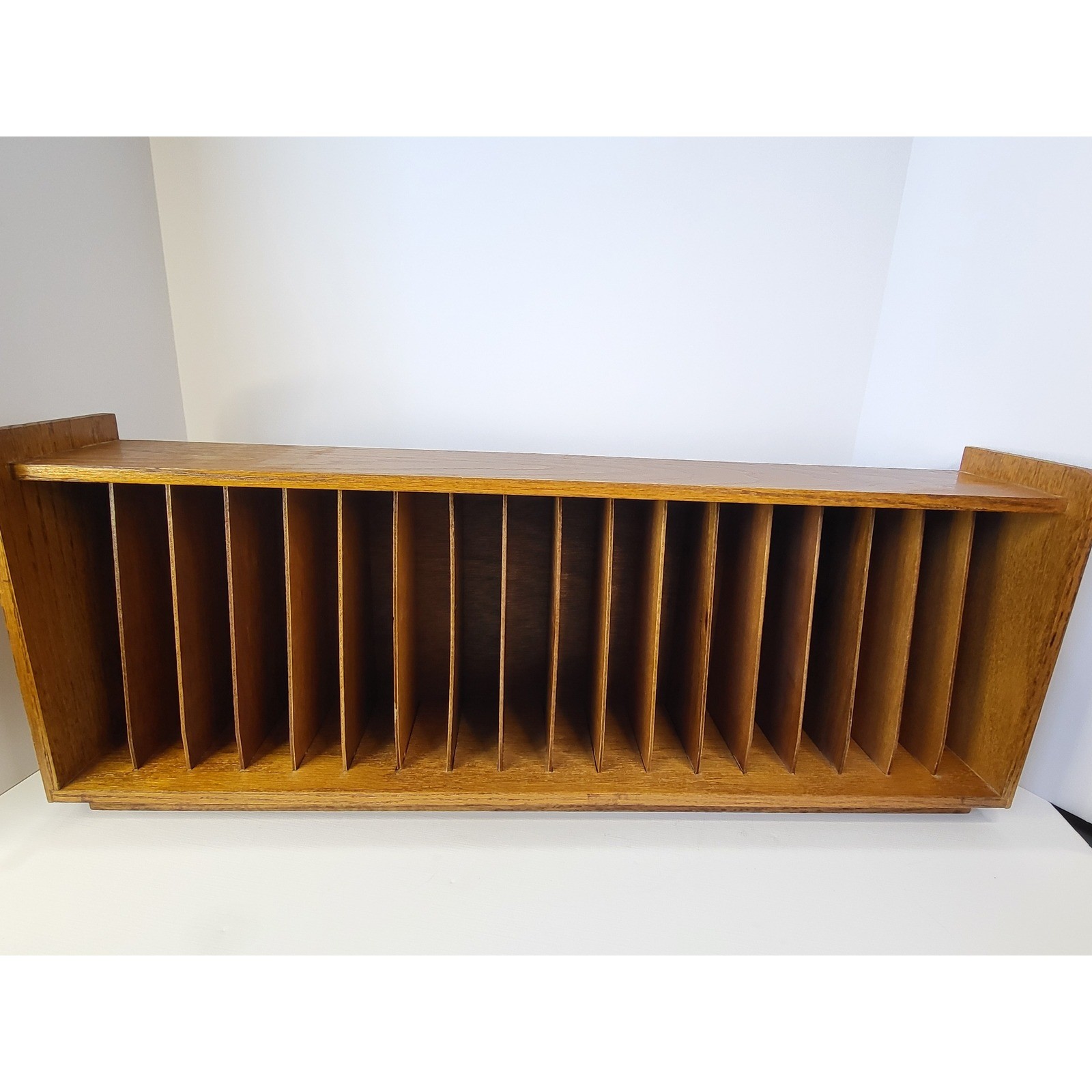 Vintage Retro Wood Media Storage Rack 18 Slot Holder Oak Tone Media Organizer