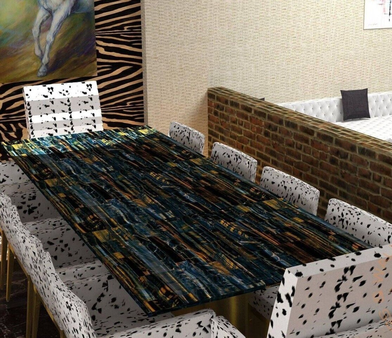 Blue Tiger Eye Stone Patio Table Top with Royal Look Coffee Table for Cafeteria