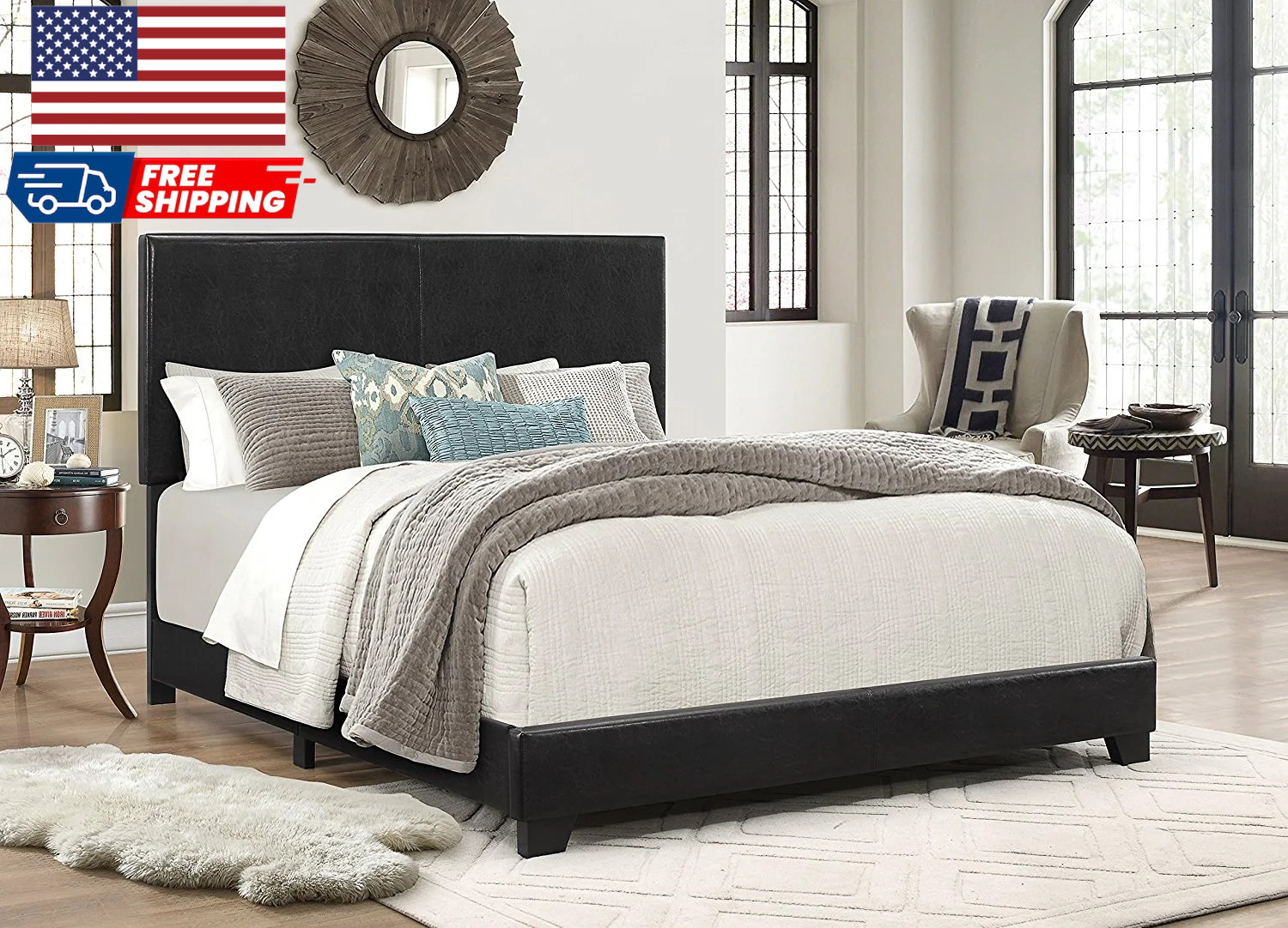Erin Faux Leather Bed, Black, Queen