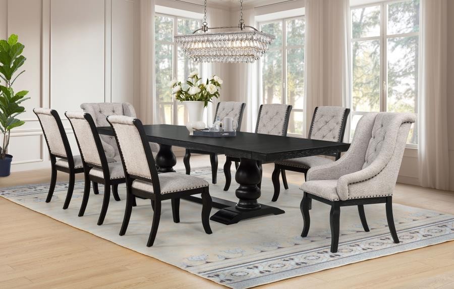9 PC DARK BROWN NOIR 10 FT DINING TABLE TAN CHAIRS DINING ROOM FURNITURE SET