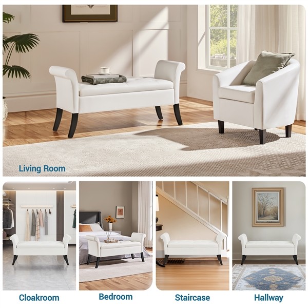 Faux Leather Upholstered Vintage Bench with Rolled Armrests and legs, White,Used
