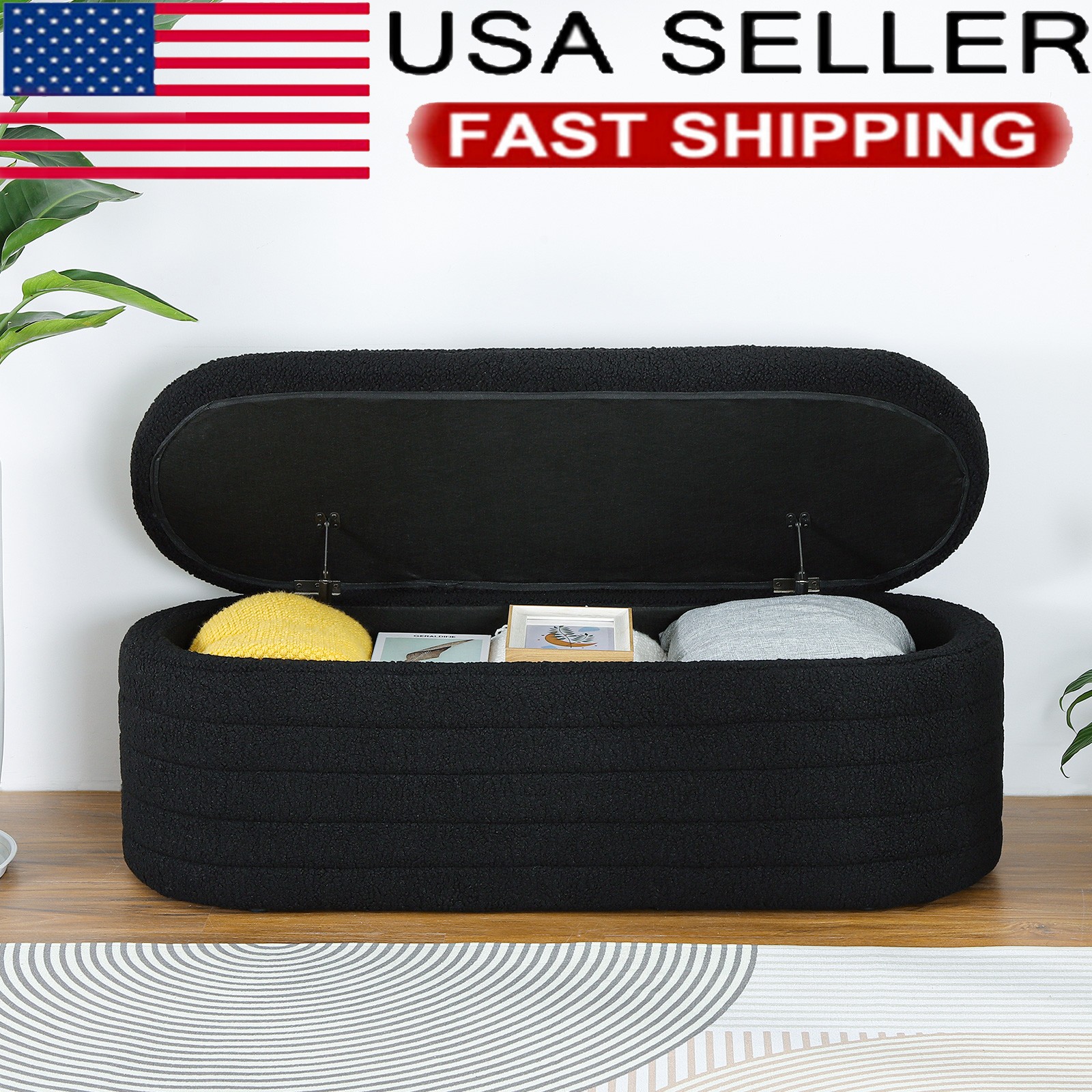 45.5″ Oval Storage Bench Ottoman Teddy Velvet Upholstered End of Bed Stool Black
