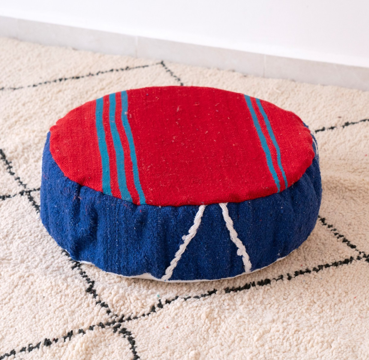 20×20 Moroccan Handmade Pouf Berber Kilim Rug Blue and red Floor Cushion