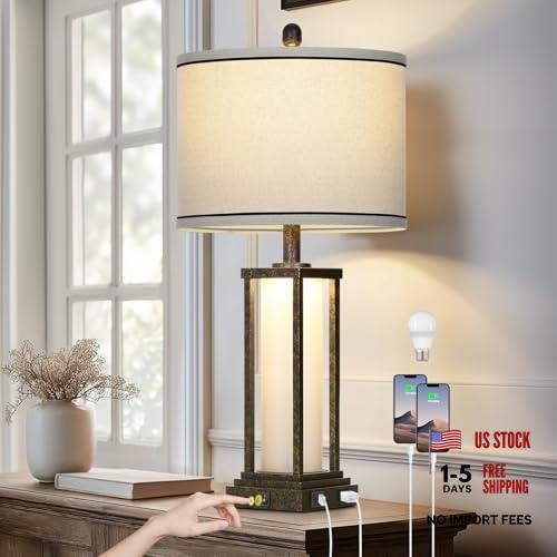 27in Tall Farmhouse Table Lamp with USB C+A & Outlet,Bronze 1Pack Bronze