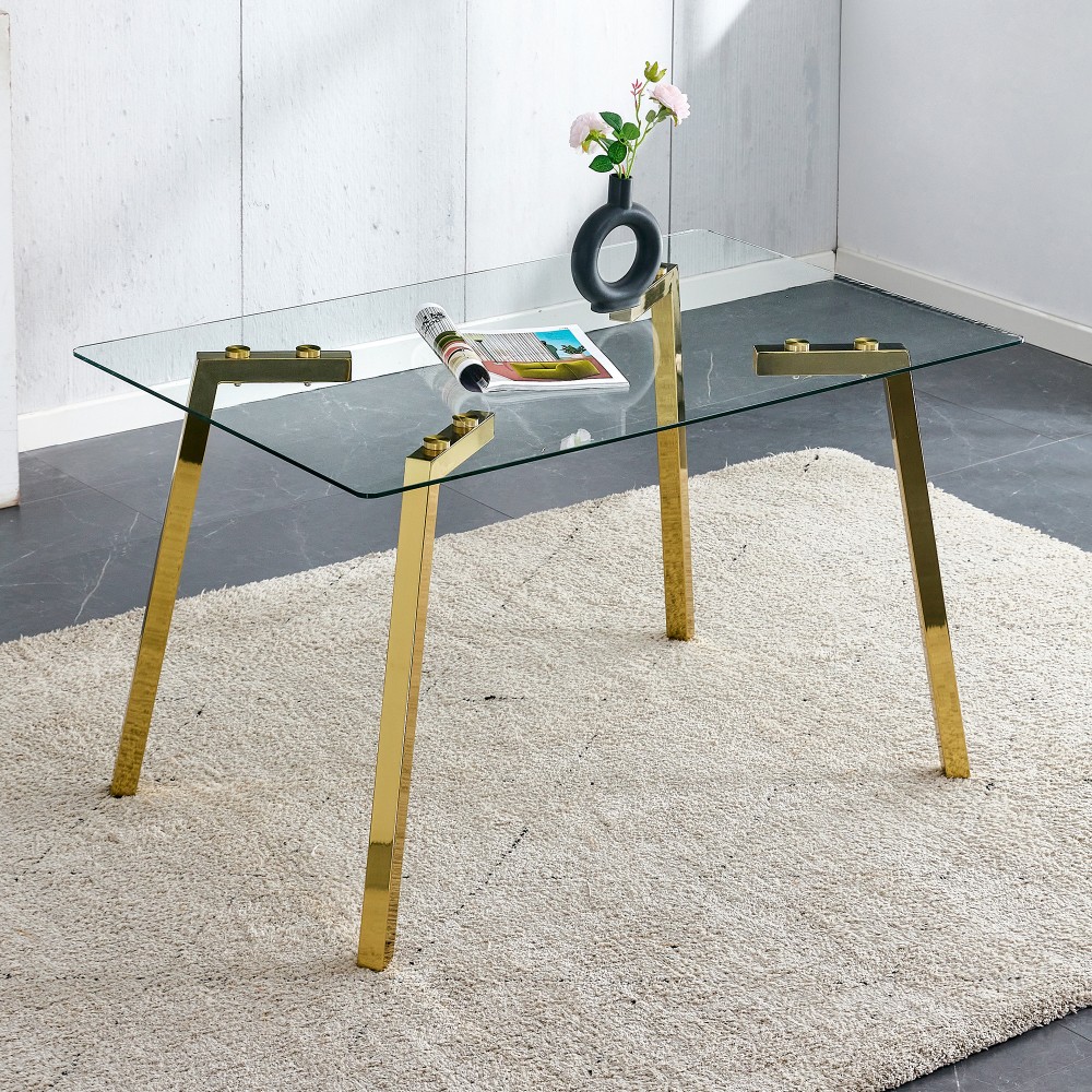 Modern Rectangular Tempered Glass Dining Table, Gold Metal Legs